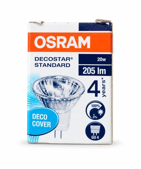 Osram Decostar Standard GU4 20W kutusu düz beyaz fonda